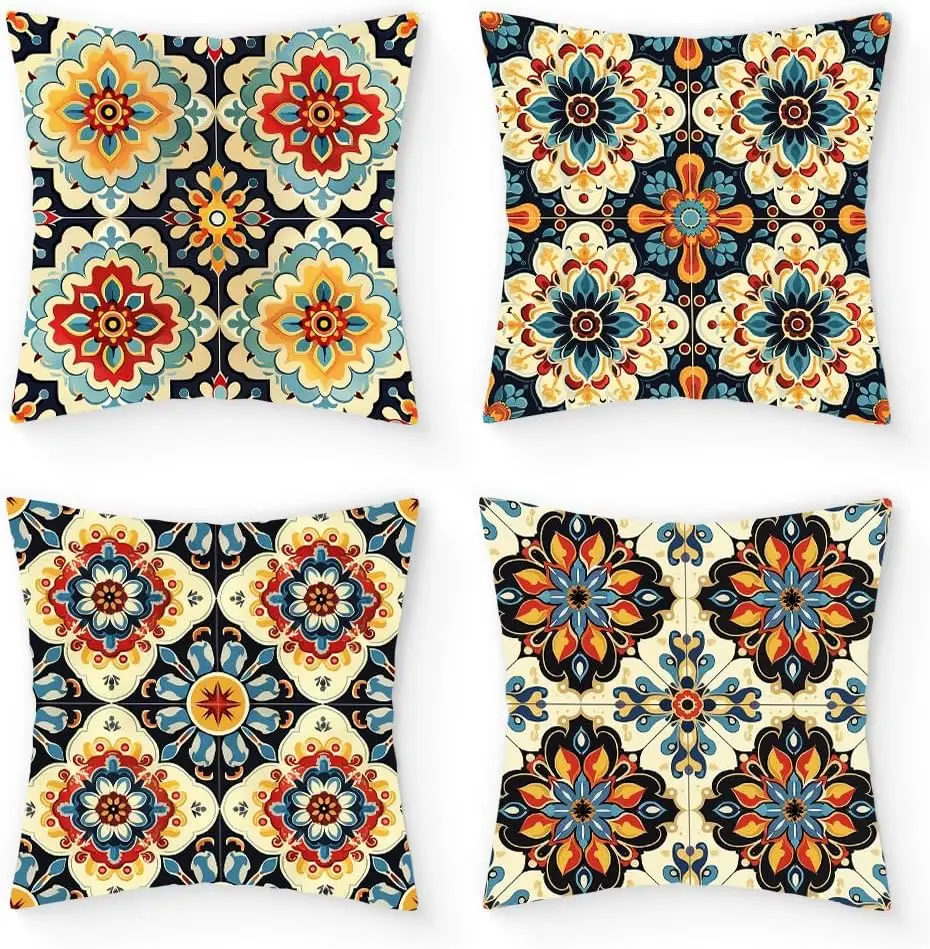 High Quality Four Piece Throw Pillow Covers Set Boho Floral Mandala Print Polyester Decorative Cushion Case for Bedroom Home Dec