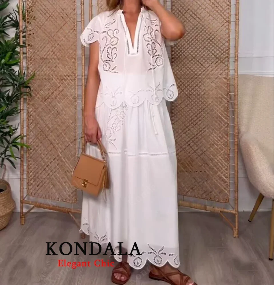 

KONDALA женский элегантный комплект с юбкой с вышивкой, рубашка с короткими рукавами и v-образным вырезом, юбка-миди, весна-лето 2021, модная уличная женская одежда