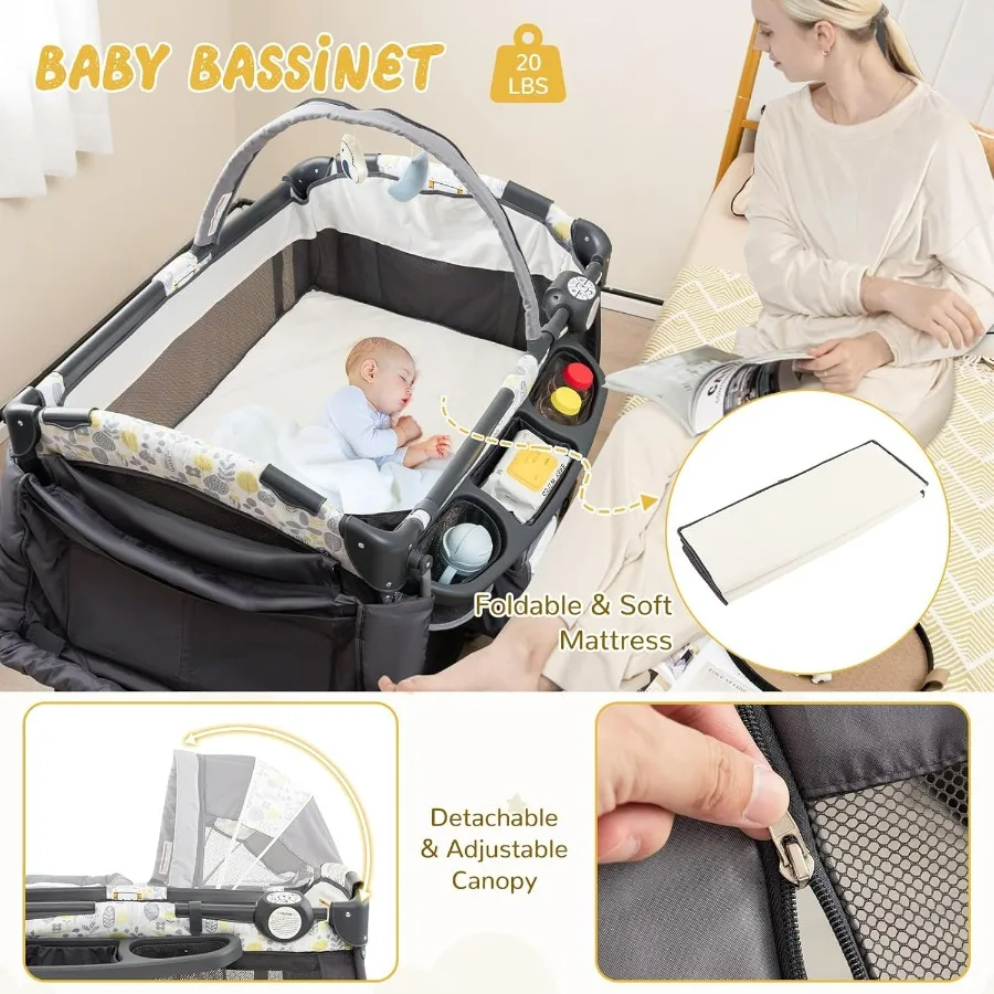 Pack and Play, 4 in 1 Portable Baby Crib w/Bassinet, Changing Table, Canopy, Mattress, Music Box, Storage Bag, Foldable Pack and