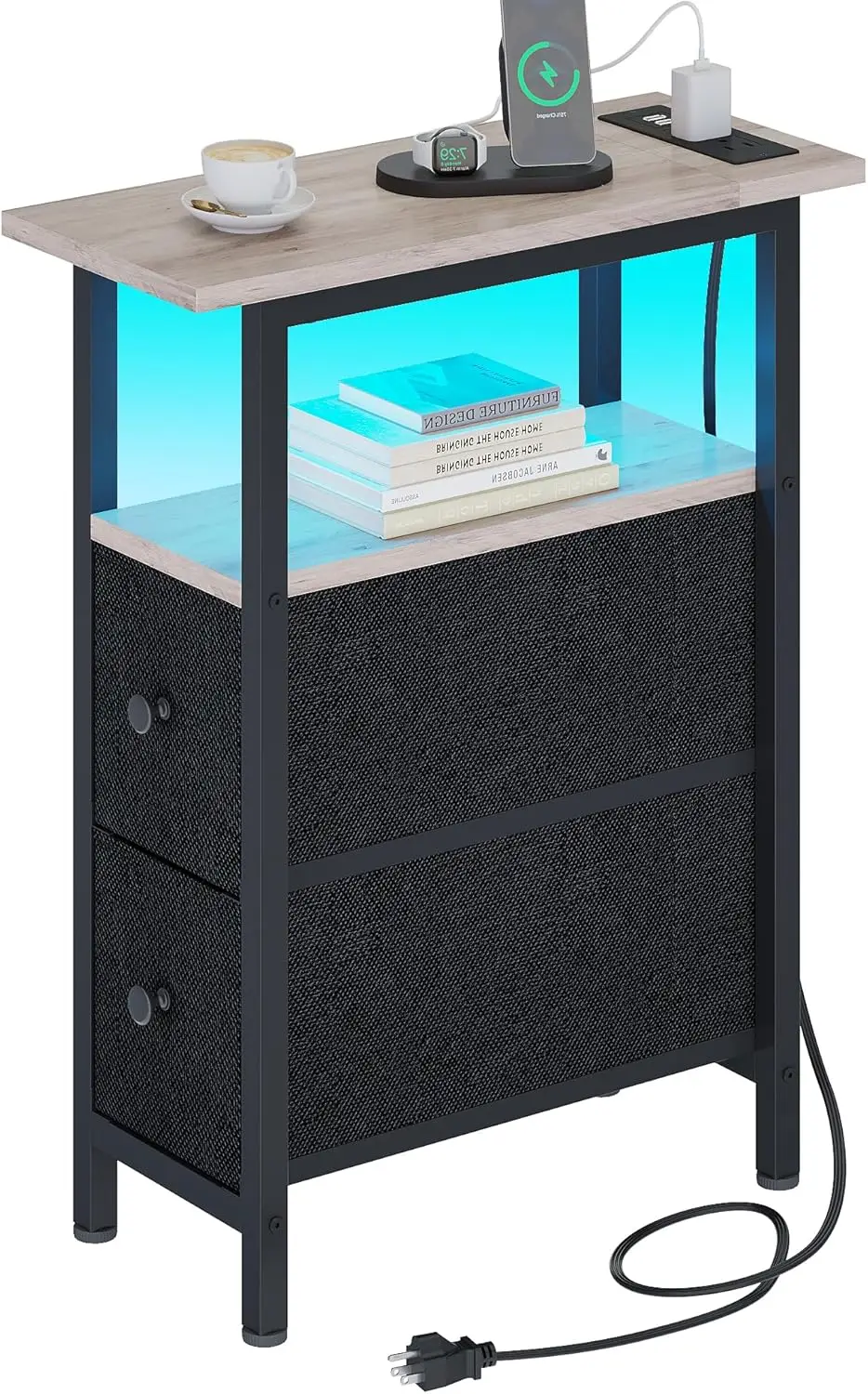 

End Table with Charging Station, Narrow Side Table with 2 Fabric Drawers, Skinny Nightstand with LED Light, Slim Bedside