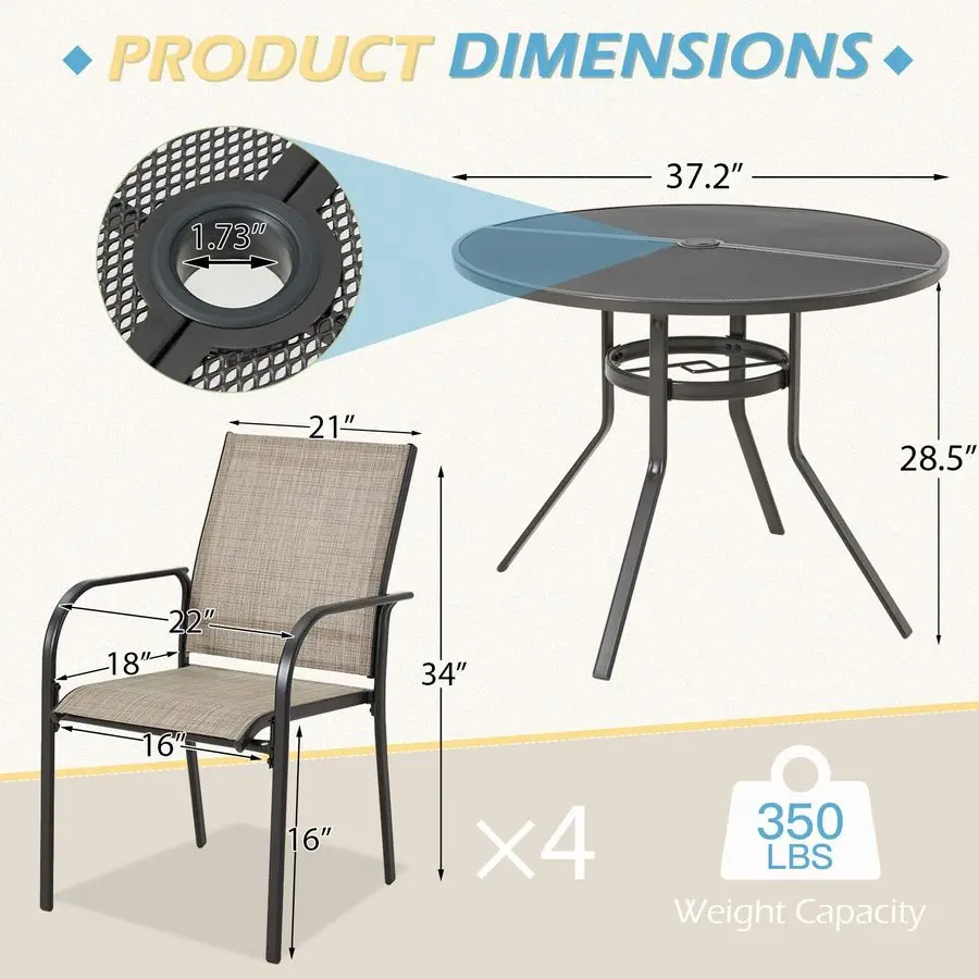 5 Piece Patio Table and Chair Set for 4, Outdoor Dining Set Includes 37.25 Round Table with 1.73 Umbrella Hole and 4 Stackable
