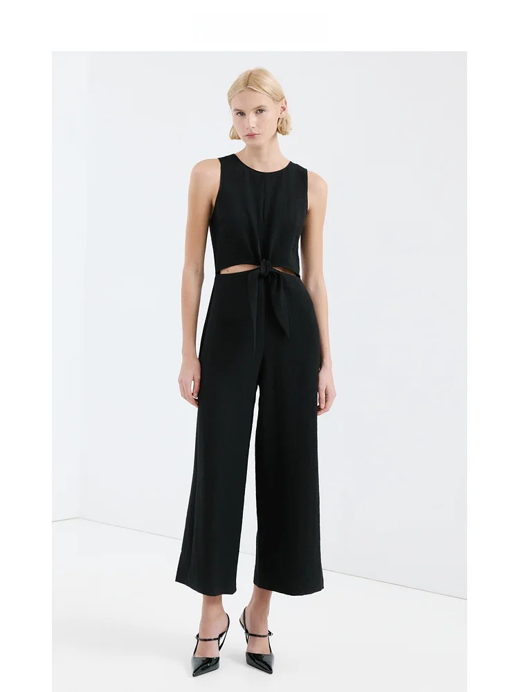 

Mango Women's One-Piece Suit Spring New round Neck Sleeveless Knot Hollow out Vest Style Long Pants Nylon Fabric Wide Leg Pants