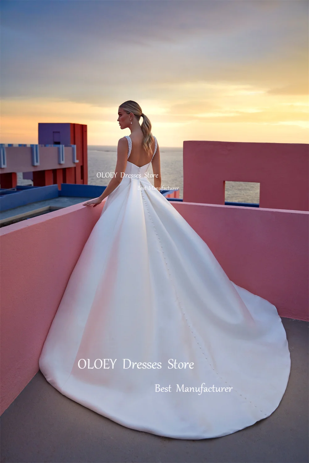 OLOEY Simple Satin Wedding Dresses Pearls Spaghetti Straps Floor Length A Line Bride Gowns Button Back Marriage Customized