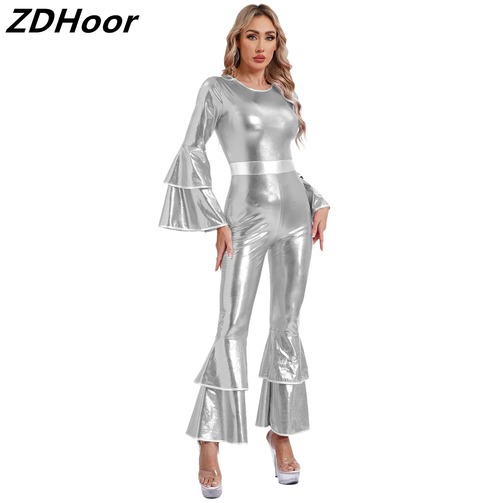 

Women Metallic Disco Jumpsuit Vintage 70S Shiny Costumes Tiered Flare Sleeve Bell Bottom Hippie Romper One-piece Dancewear