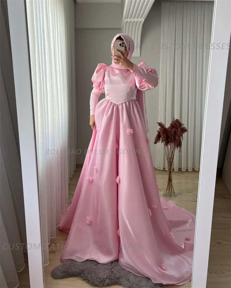 Light Pink 3D Flowers Prom Dress Silk Satin A Line Muslim Evening Dress Gowns O Neck Long Sleeve فستان سهرة Formal Party Dress