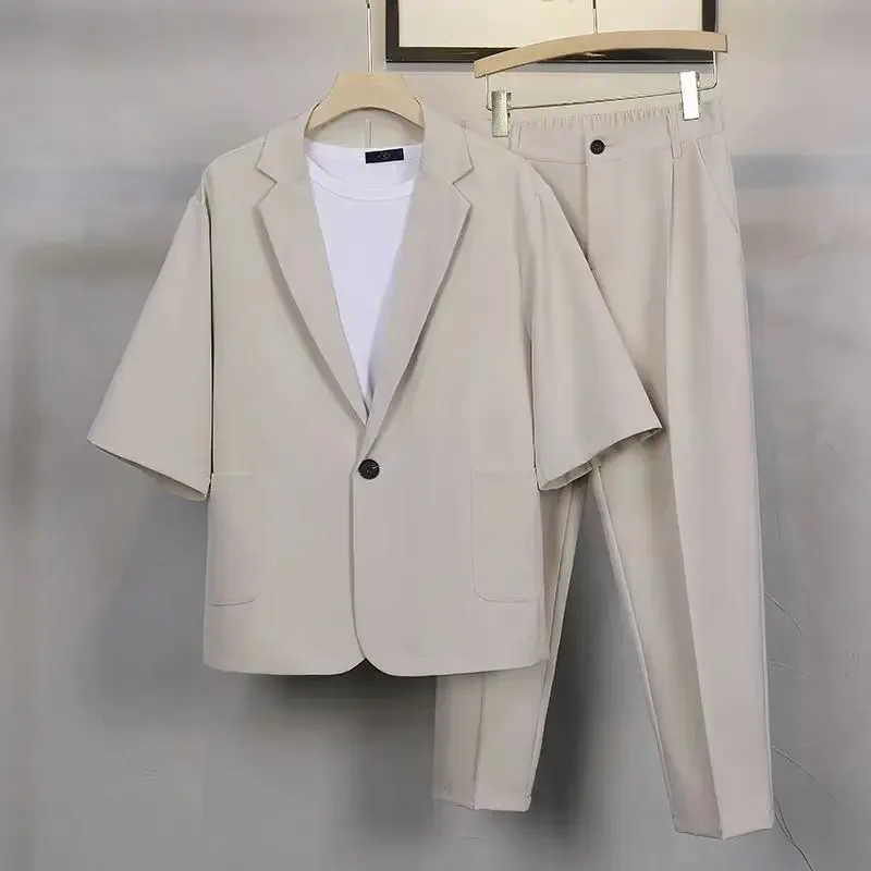 

Весенне-осенний корейский стиль, мужские деловые костюмы, куртки с короткими рукавами и длинные брюки, мужские простые однотонные облегающие комплекты из двух предметов