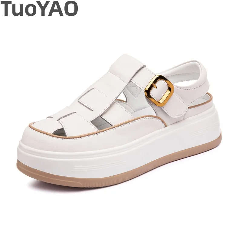 5cm Cow Genuine Leather Sneakers Round Toe Platform Wedge Hollow Comfort Ladies Women Sandals Buckle Slides Summer Fashion Shoes