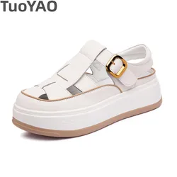 5cm Cow Genuine Leather Sneakers Round Toe Platform Wedge Hollow Comfort Ladies Women Sandals Buckle Slides Summer Fashion Shoes