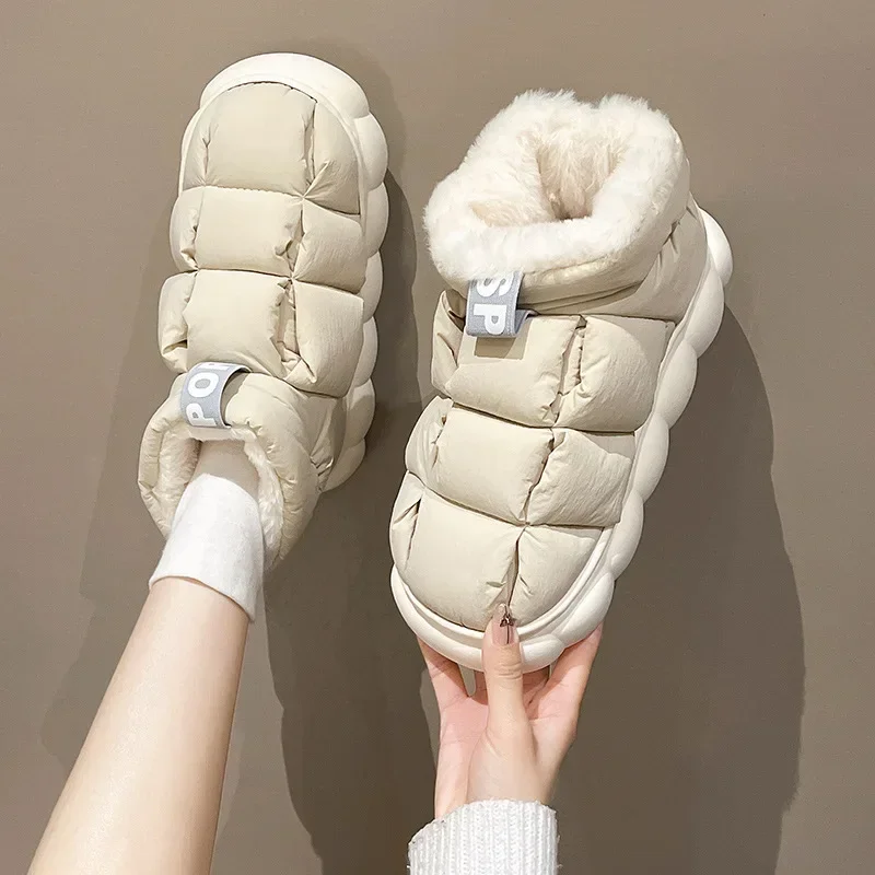 2023 New Cotton Slippers Women's Home Warmth Thick-soled Non-slip Couple Down Cotton Shoes Men's Winter Bag Heel Wear