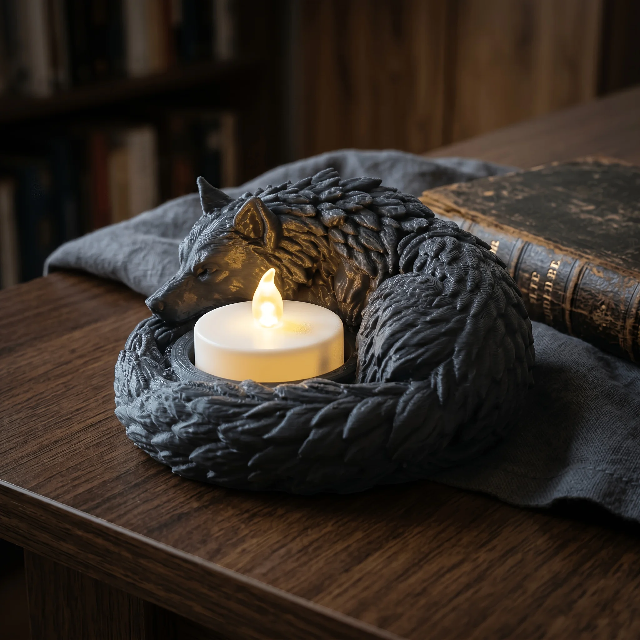 Closed-Eye Resting Lone Wolf-Style Candle Holder Ornament, 3D Furry Texture Animal Sculpture, Suitable for Home Decor Accent