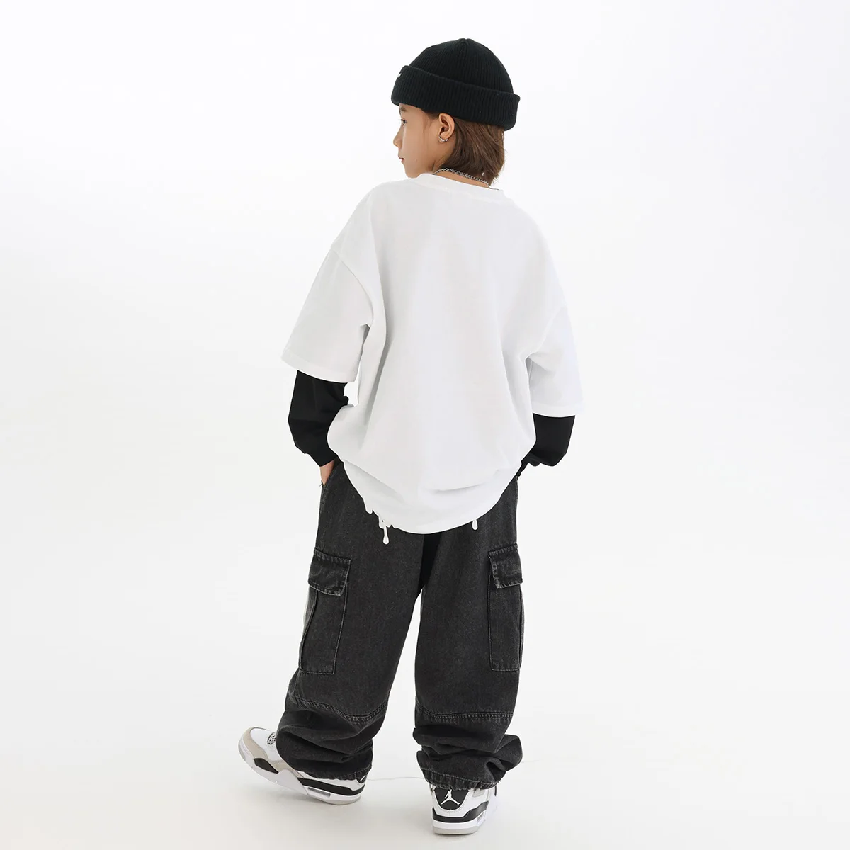 2025 novos meninos trajes de dança jazz solto impressão camiseta jeans crianças dança rua hip hop dança grupos trajes palco dn21859