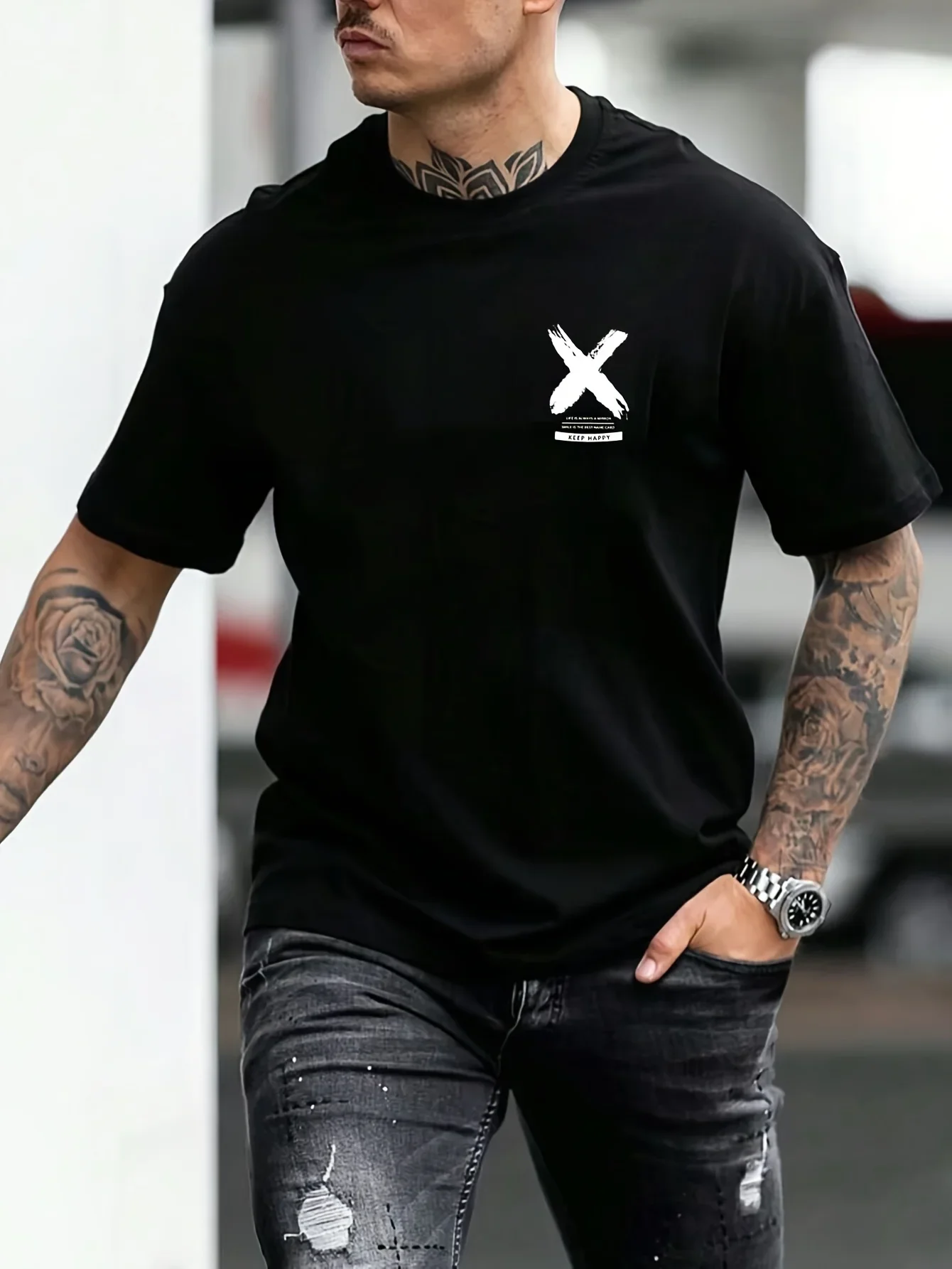 T-shirt décontracté d'été pour homme 100 % coton pur, coupe ample, motif lettres imprimé devant et derrière, col rond, haut