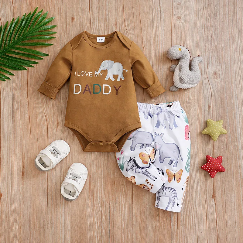 Spring And Autumn Boys And Girls Cute Cartoon Animal Print Long Sleeve Baby Triangle Bodysuit+Two Piece Pants Set