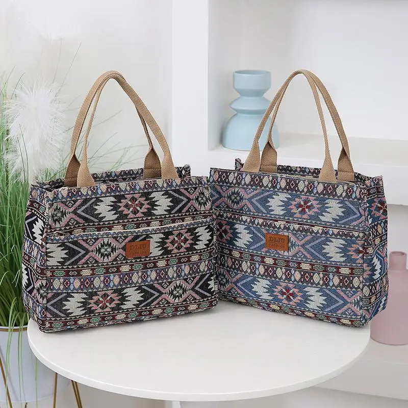 

Fashion Ethnic Style Handbag Lunch Box Bag Female Portable Commuting Tote Bag Large Capacity Sundries Bags For Women Gifts