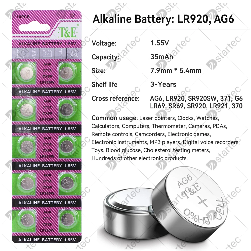 Baterias de botão para brinquedos de relógio, Bateria de moeda celular remota, 1.55V, AG6, 371, SR920SW, LR920, SR927, 171, 370, L921, LR69, SR920, 10Pcs-50Pcs