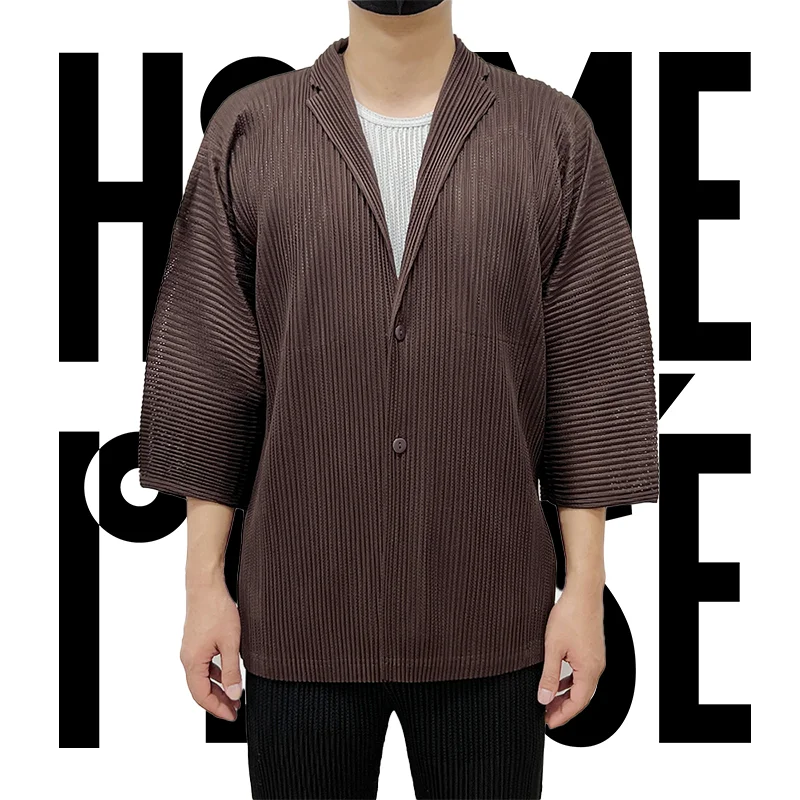 Pleats Coat2024 Spring/summer Breathable Men's Pleats Casual Business Medium Sleeve Cardigan Casual Jacket Men Clothing