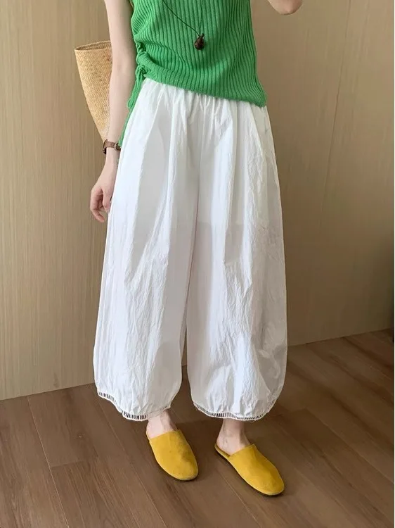 Laid-ba Japanese Sle Nine-Foot Pants Women's Summer Hollow Lace Casual Thin Balloon Pants Qui Dry Wide Leg Lantern Pants