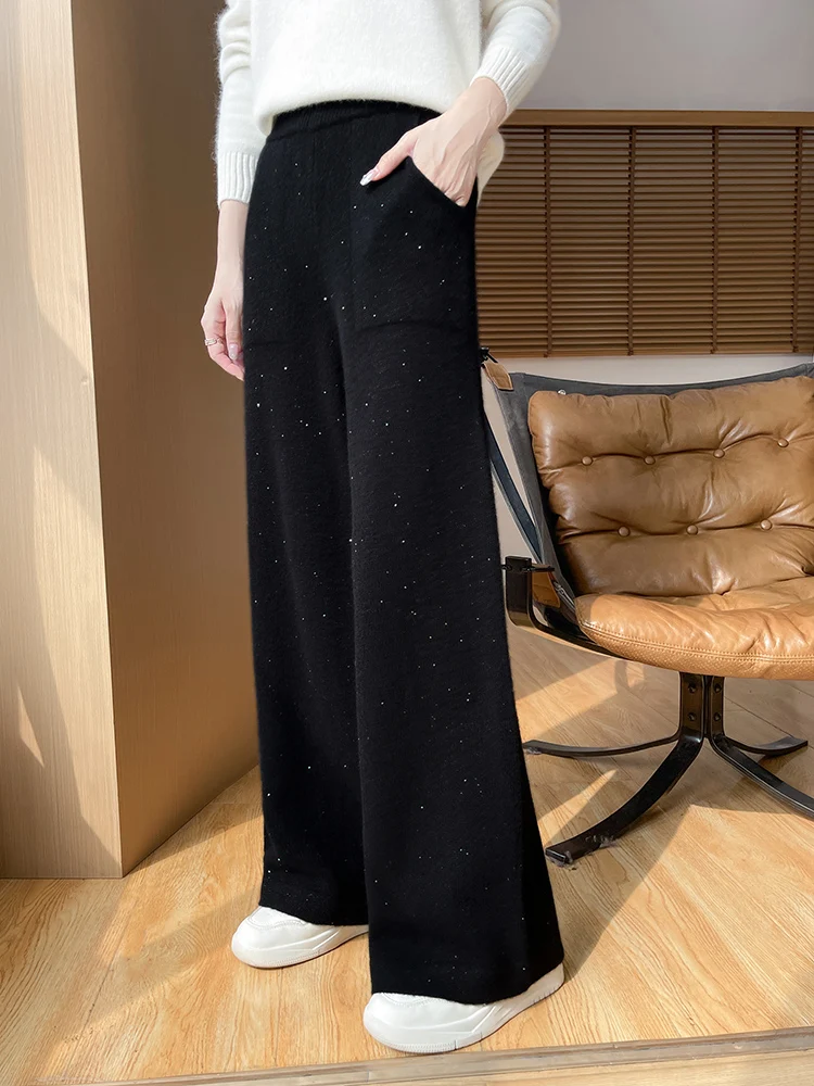 Autumn and winter new thick high waist side pocket bright silk color 100% cashmere wide-leg pants.