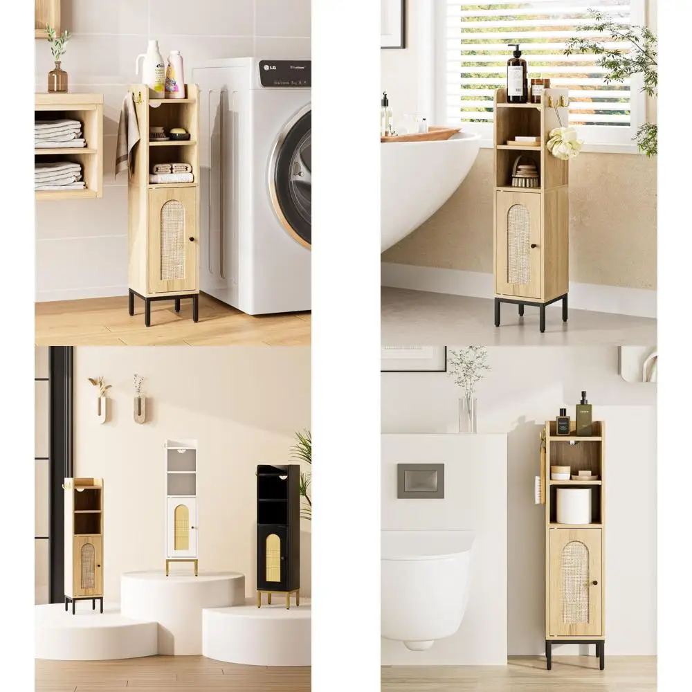 

Compact Oak Bathroom Storage Cabinet with Hooks, Hutch, and Rattan Door Organizer for Small Spaces