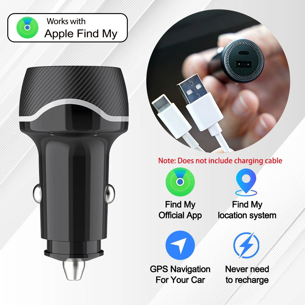 

Автомобильное зарядное устройство 2-в-1 USB Type-C для быстрой зарядки телефона с GPS-трекером для iPhone (приложение Find My) и функцией защиты от потери, умный GPS-трекер