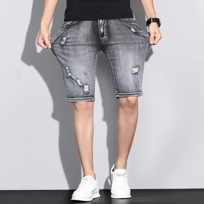 Male Denim Shorts with Pockets Gray Ripped Men's Short Jeans Pants Retro Original Y2k Fashion Distressed Sale Cowboy Novelty In