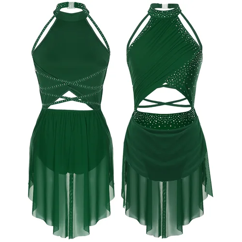 Imagen 2 del producto Vestidos de tutú de Ballet para mujer, vestido moderno lírico, disfraz de escenario actuación, vestido de leotardo de gimnasia de patinaje con diamantes de imitación de malla transparente