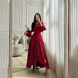 Customized Fashion 2024 Elegant Satin Vintage Half sleeve V-Neck Puff Sleeve High Waist Draped Pleated Party Long A-Line Dress