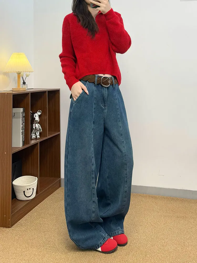 

Зимние широкие джинсы с высокой талией Thiened Fce, повседневные винтажные гонконгские женские модные джинсовые брюки больших размеров