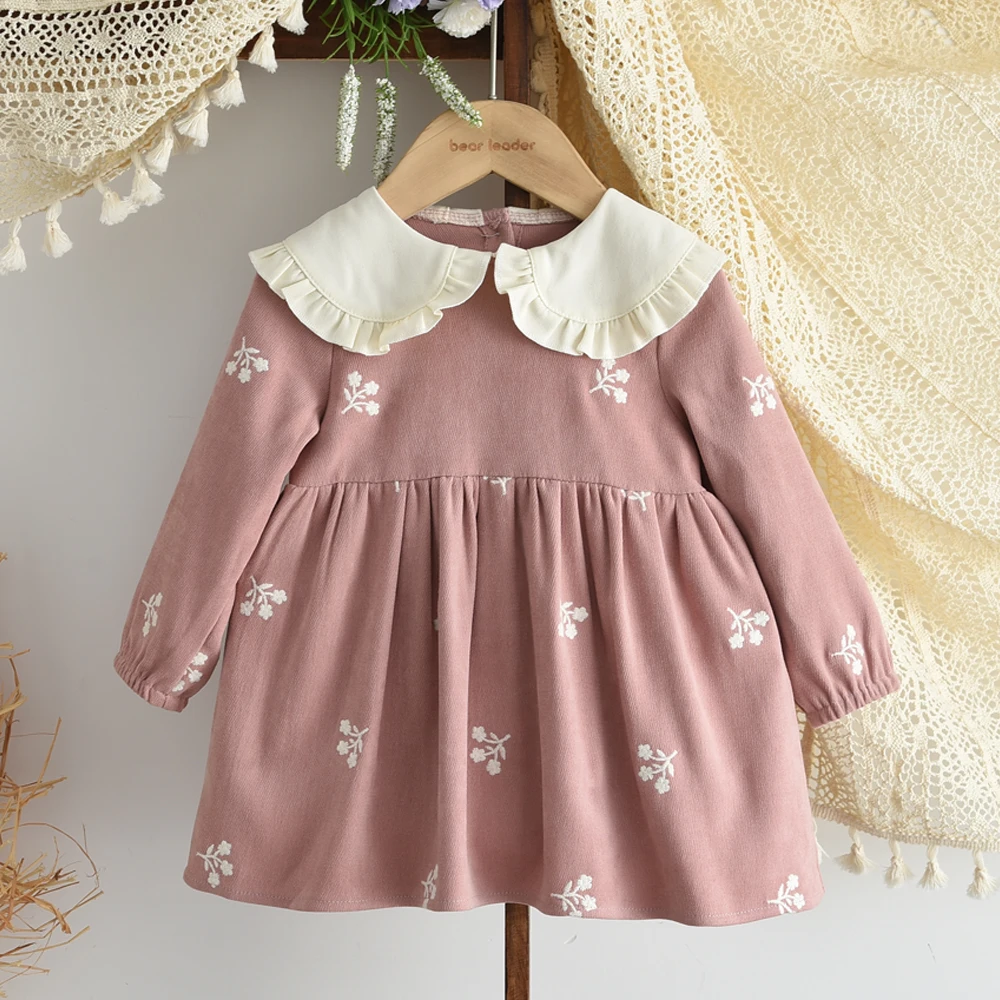 1-3 Year Old Pink Sweet and Cute Baby Girls Dresses Autumn Kids Long Sleeved Embroidered Lapel Birthday Party Princess Dress