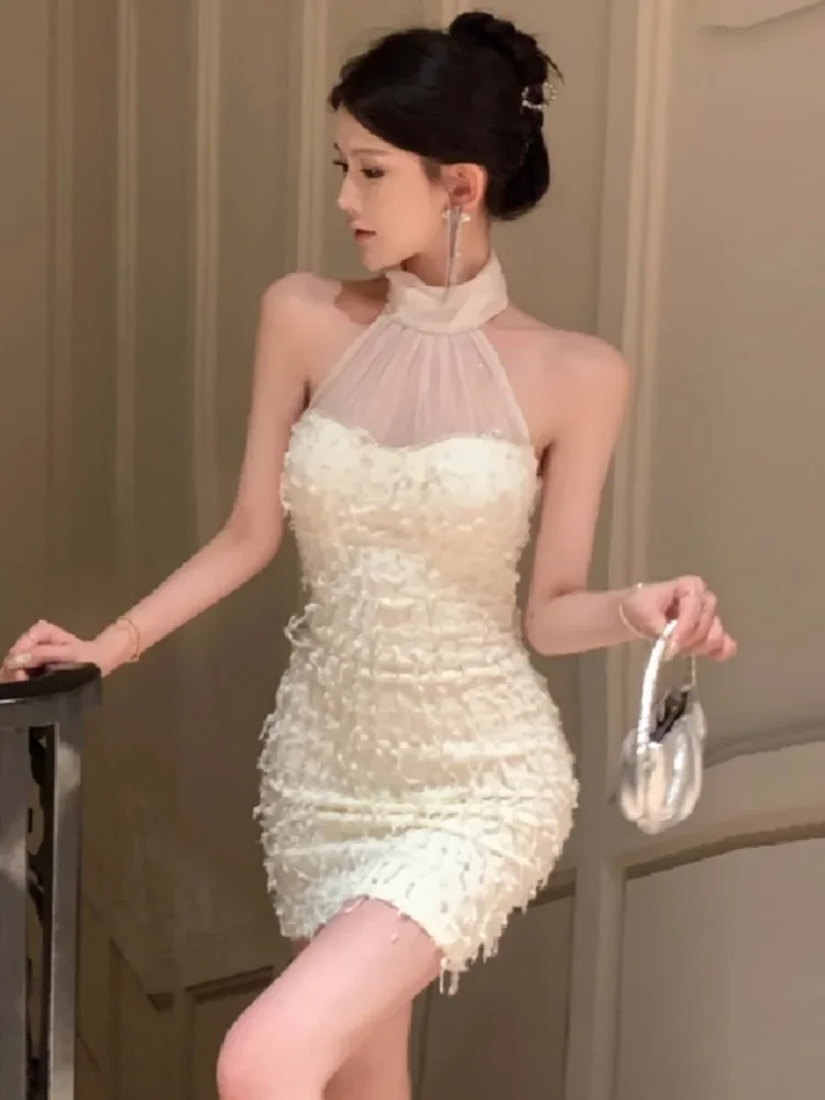 Topanoma Wedding Party Evening Dresses Women Mesh Patchwork Sleeveless Halter Slim Cocktail Mini Dress Birthday Club Elegant