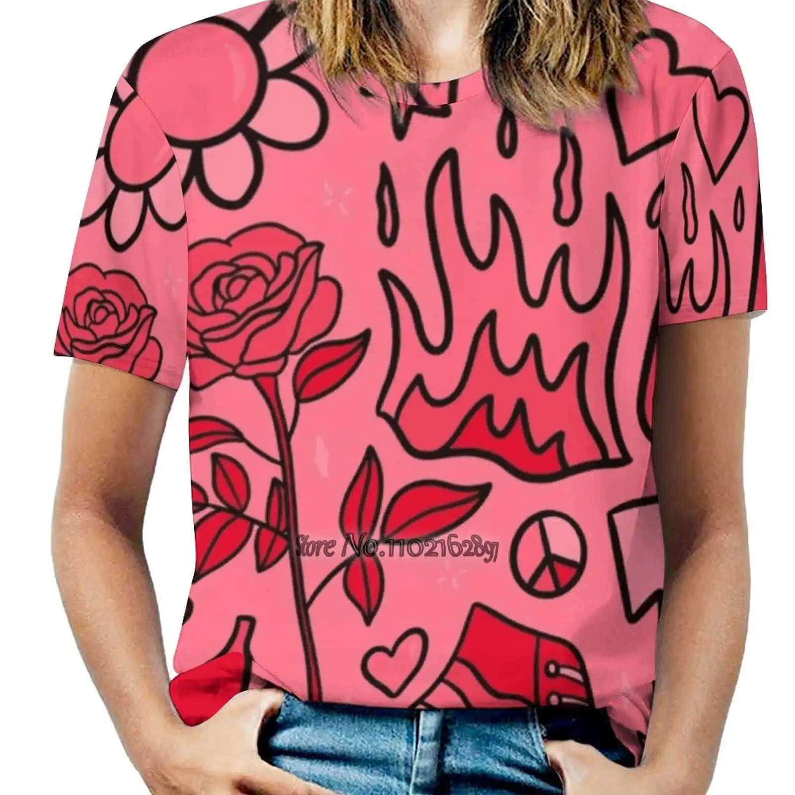 Rode Print Sexy T-shirt Casual Tops Trui Dames Top Terug Vetersluiting T Shirts Rood Patroon Grafische Ontwerp Rose Bloem Hart ster