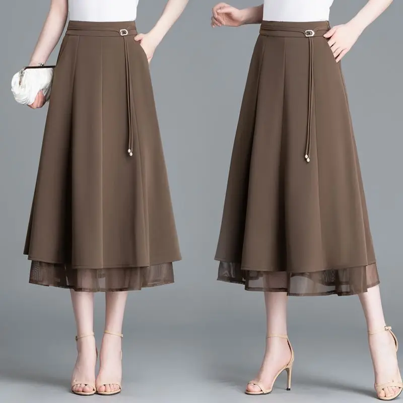 

Осенняя юбка миди с высокой талией, карманами, восьмипанельная, струящаяся, повседневная, с сетчатыми вставками, стройнящая