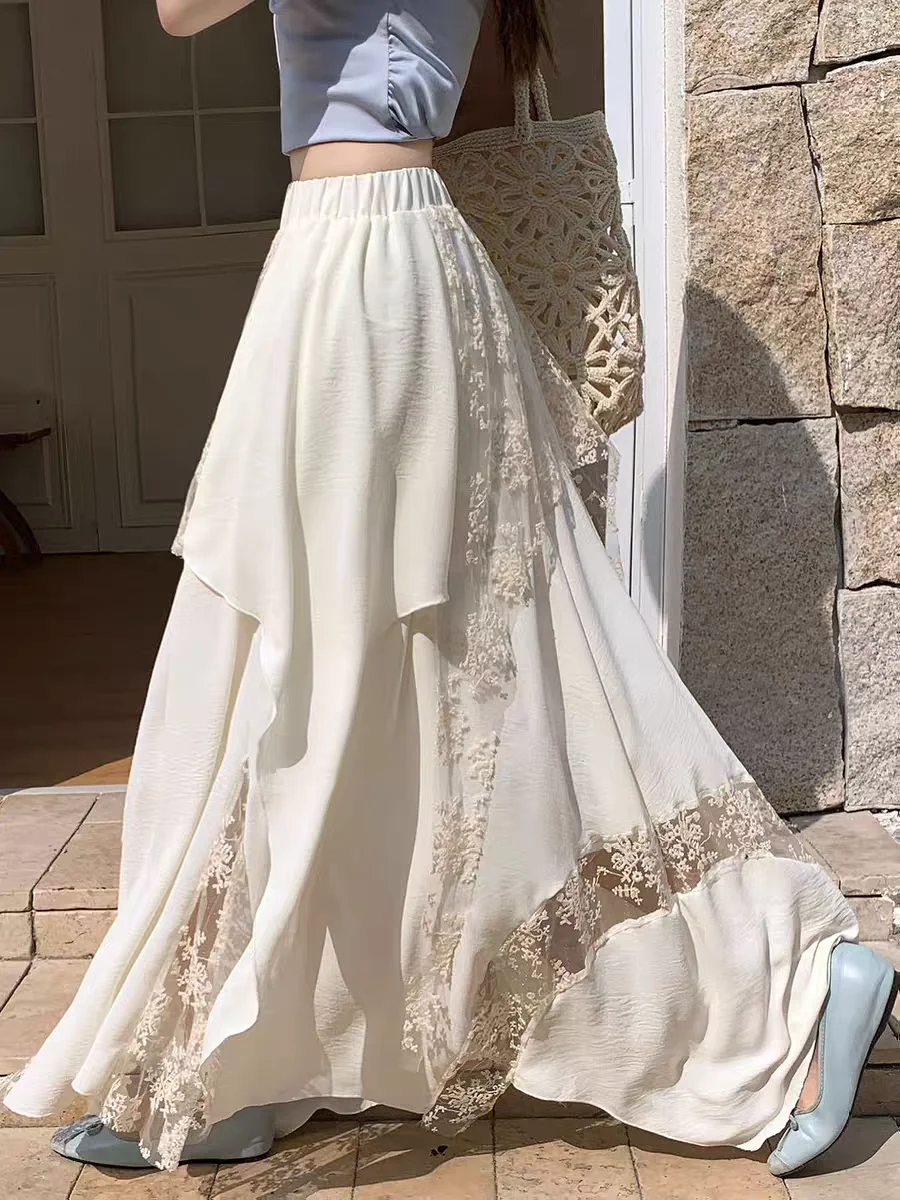 Lace Patchwork Irregular Skirts for Women, Summer Elastic Waist A-Line Maxi Tiered Skirt, Elegant Bohemian Palazzo Long Skirt