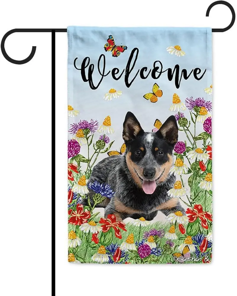 Bandera de jardín con diseño de perro Blue Heeler, para bienvenida de primavera y verano, con flores coloridas, para exteriores, 12.5X18 pulgadas, doble cara, XXE PPM