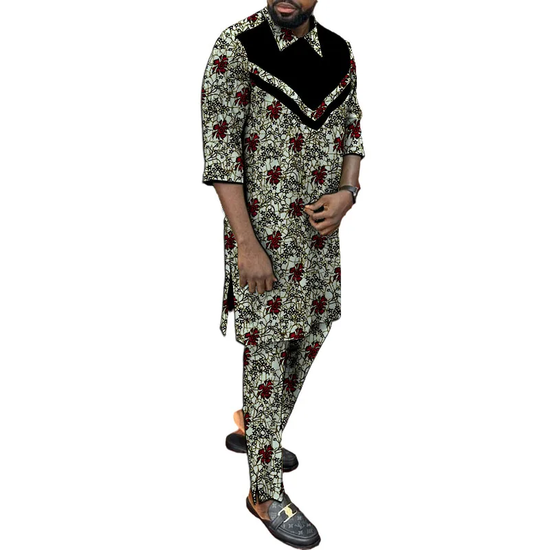 

Half Sleeve Tops With Bottoms Men's Groom Suit Male Colorful Print Turn Down Collar Shirt Set African Wedding Party Outfits