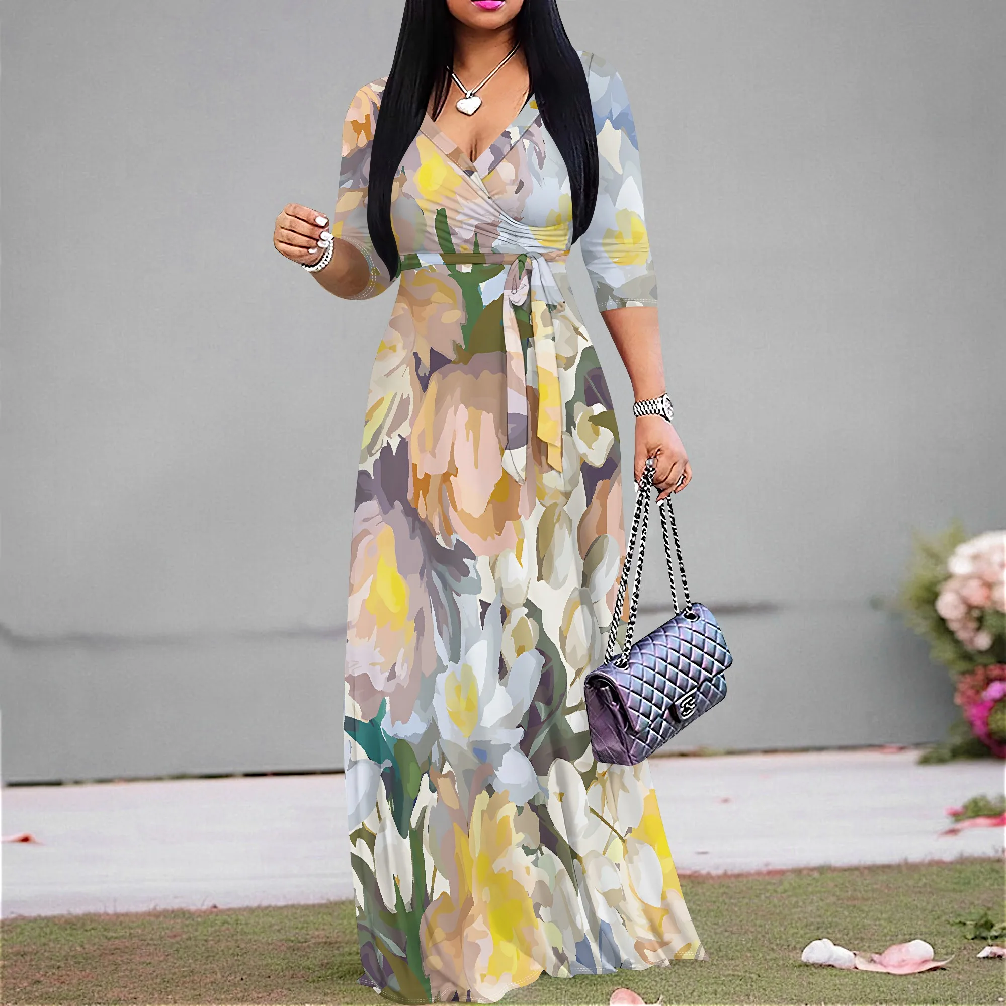 

Summer Fashion Printed Short Sleeve Maxi Dress for Women Short Sleeve Long Dress Cocktail Party Loose Casual Dresses
