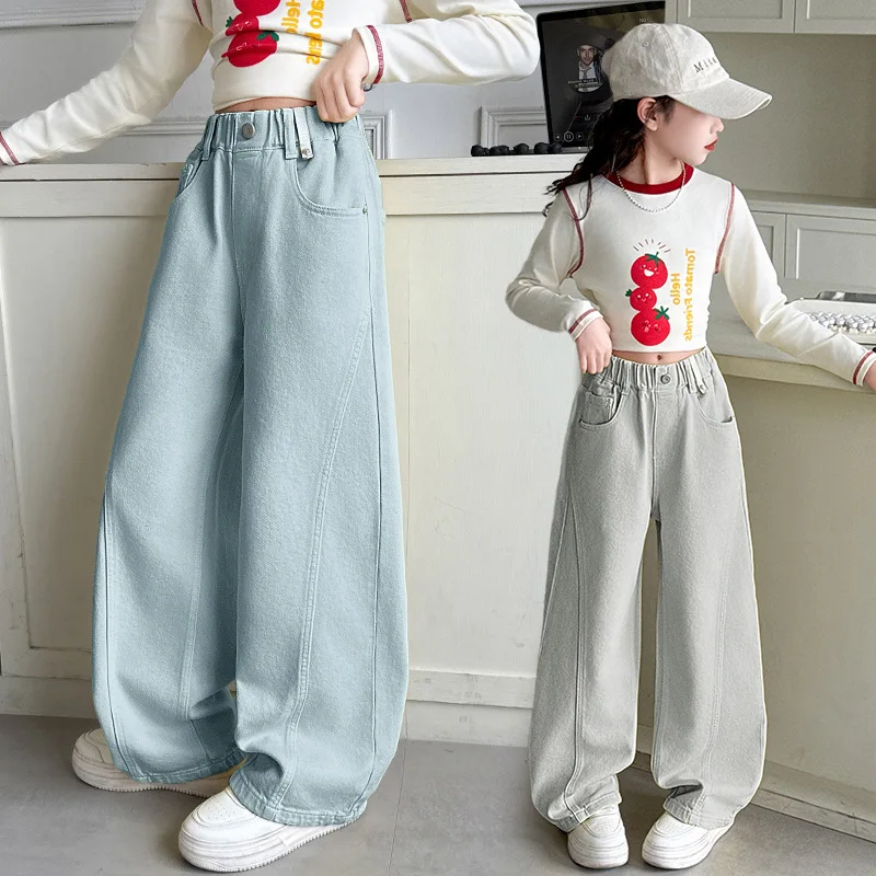 Girls Denim Pants 2026 Spring Autumn Wide-leg Jeans for Kids Candy Color Teenager Trousers Toddler Cargo Pants 4-14T