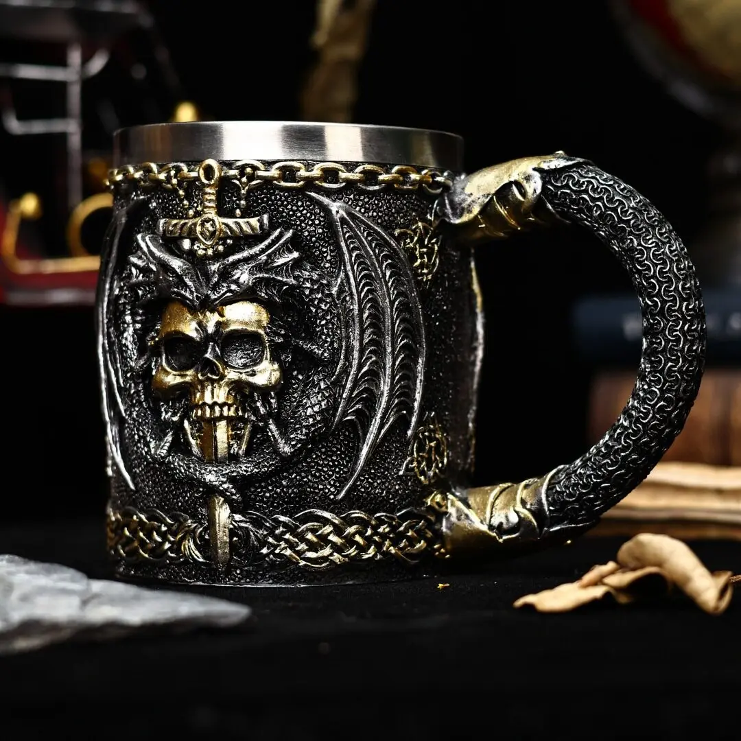 Dark Wind Bar House Skeleton Dragon Sword Beer Cup European Myth Dragon Warrior Skeleton Stainless Steel Water Cup Mug