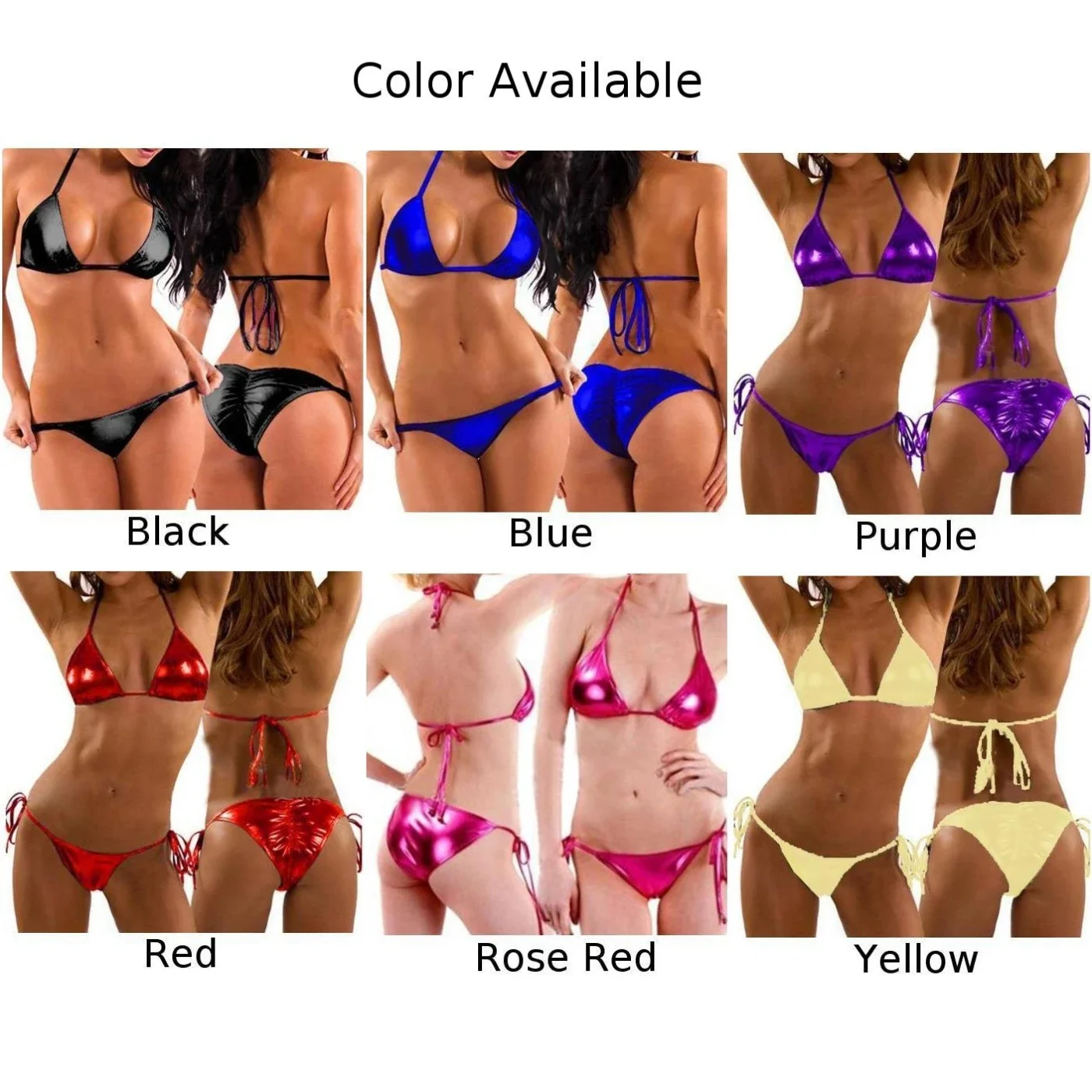 Sexy Women Beach Swimsuit 2pcs Shiny Faux Leather Bra Thong Briefs Outfit Bikini Sexy Hanging Neck Lace-up Lingerie Set Swimwear