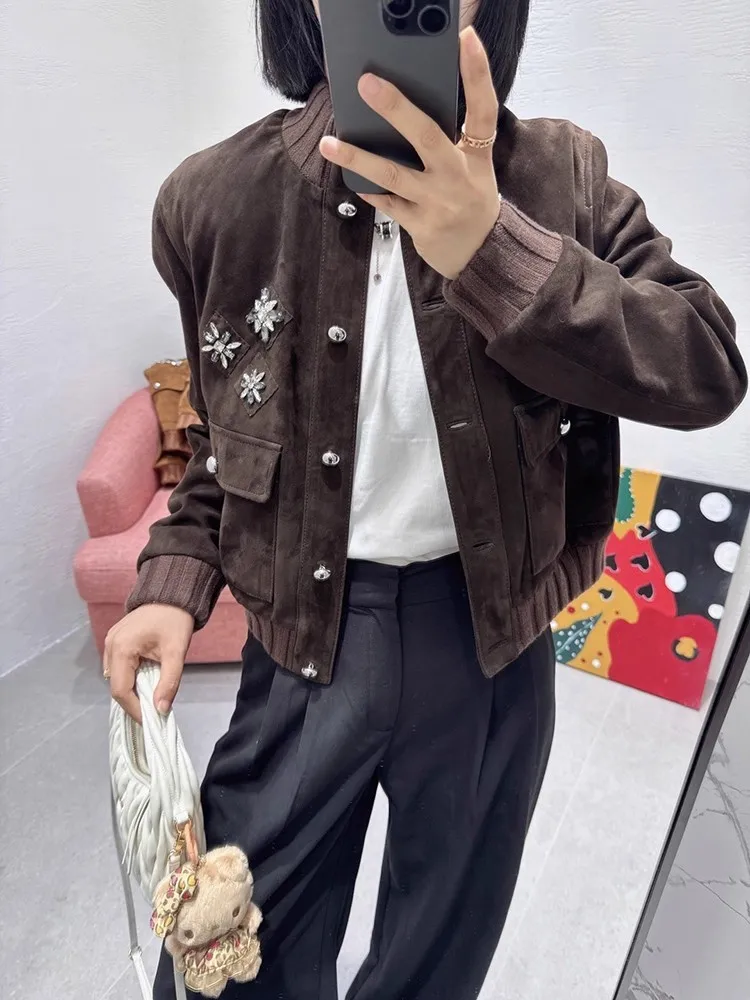 Giacca corta da donna in vera pelle di pecora di lusso autunnale, girocollo, capispalla da baseball, cappotto, design lucido con diamanti, giacche in vera pelle