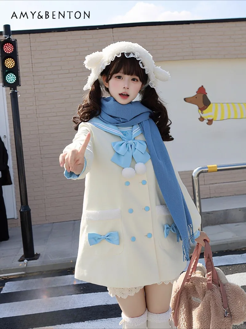 

Sweet Cute Navy Collar JK Uniform Wool Coat Japanese College Style Bow Double-Breasted Loose Slimming Mid-Length Woolen Jacket