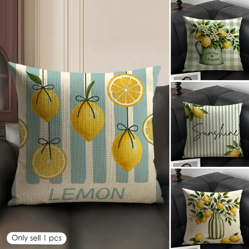Striped Sunshine Lemon Cushion Cover Natural Linen Organic Fabric Double-Sided Printing Breathable Perfect Gift For Decor