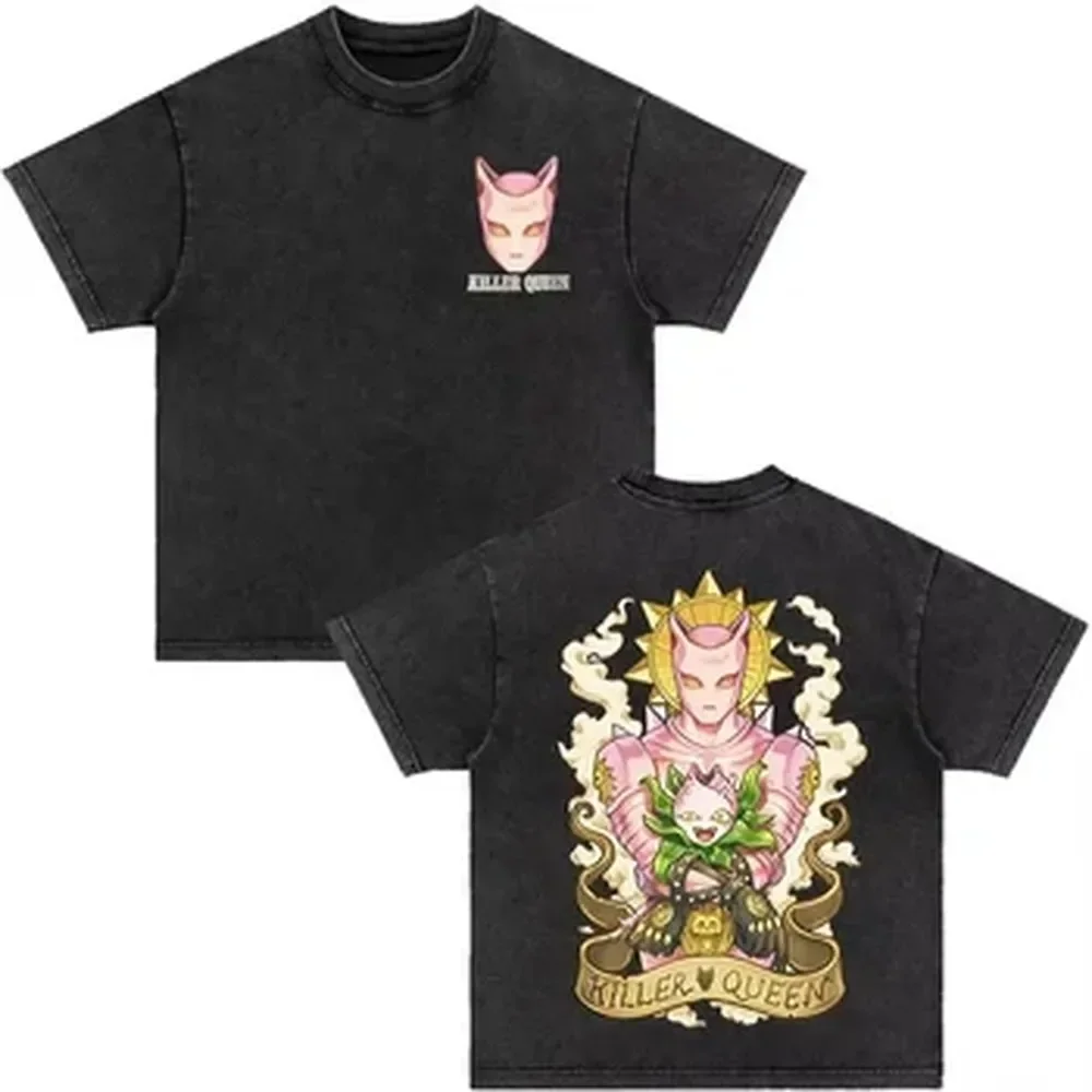 Jojo Bizarre Adventure Manga T-shirt Killer Queen Graphic T Shirt Washed Cotton Streetwear Men Women Clothing Short Sleeve Tees