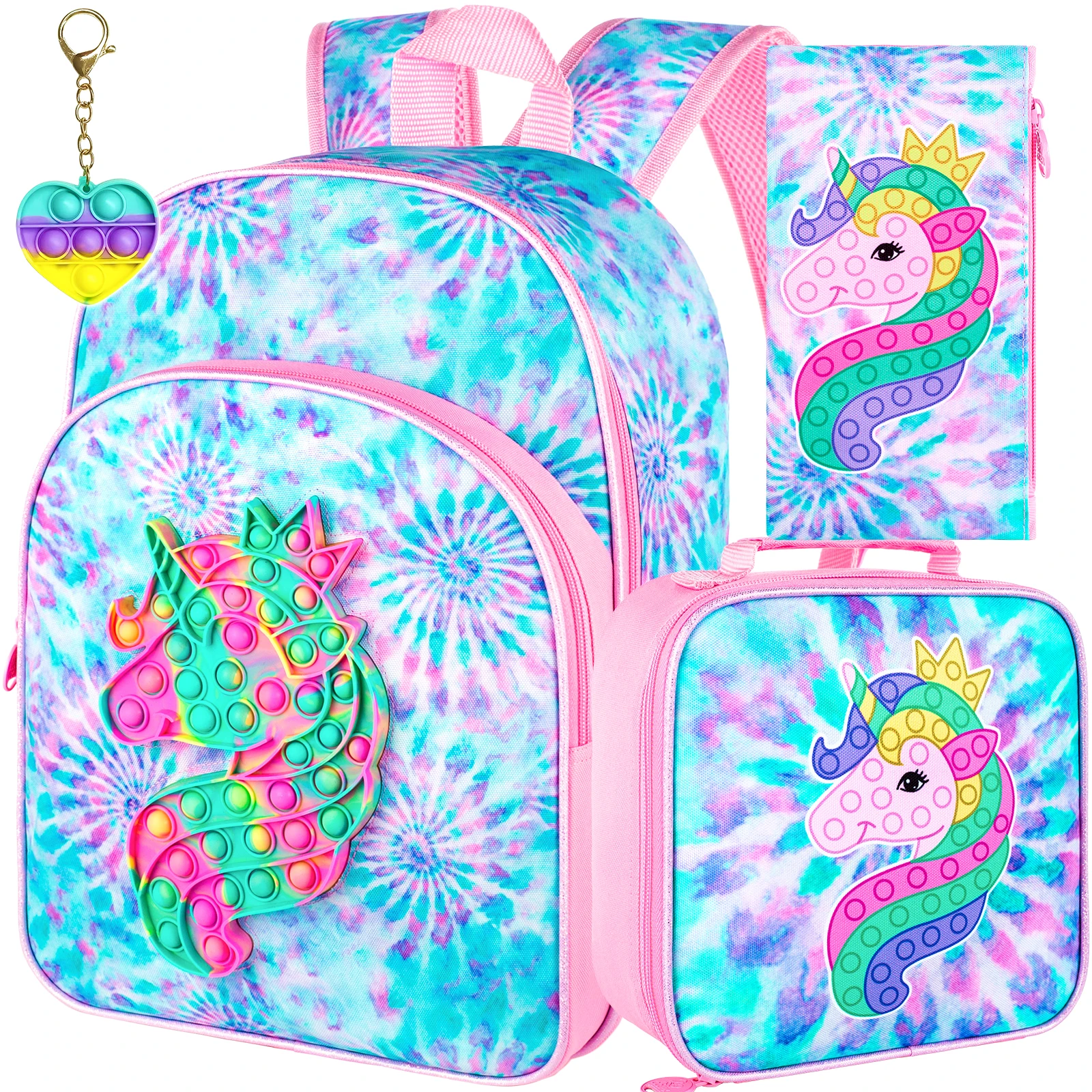 

3PCS Unicorn Backpack for Girls, 16" Kids Bookbag and Lunch Box for Elementary School Toddler Kindergarten Preschool