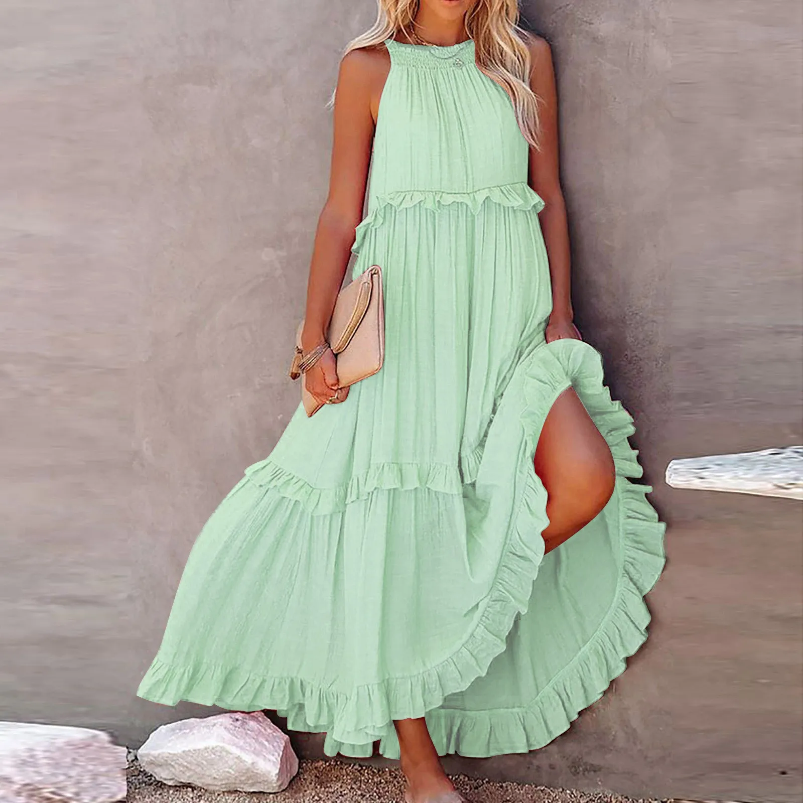 

Classic Summer Beach Dresses For Women 2024 Sleeveless Casual Solid Halter Neck Flowy Ruffle Elegant Dress Casual Loose Dress