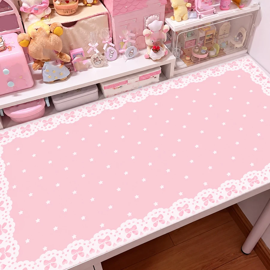 Leather PU Desk Pad Protector Sweet Stars Lace Butterfly PINK Y2K Mouse Pad Office Desk Mat Waterproof Non-Slip Desk Blotter Pad