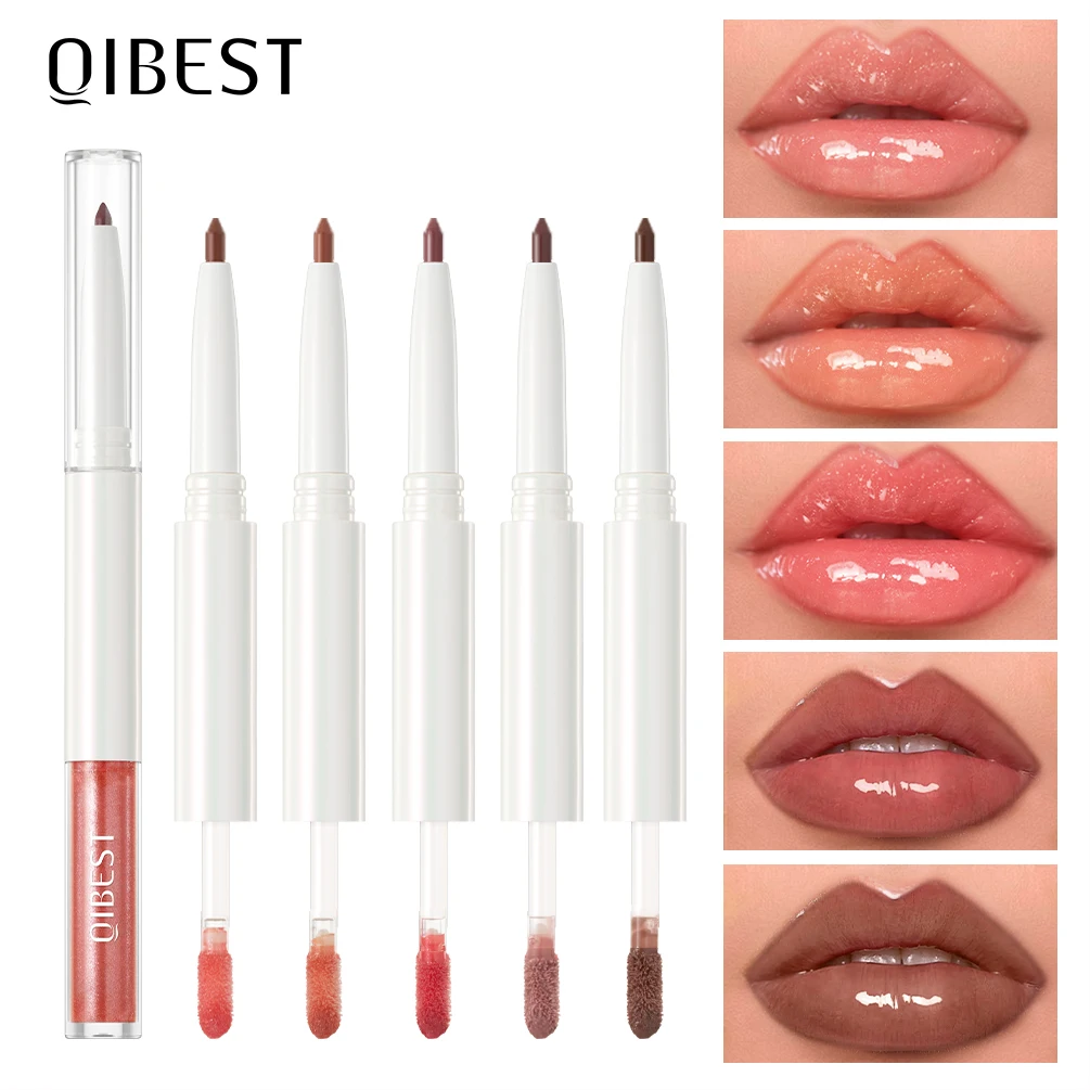 QIBEST Doppia Testa Specchio Lip Glaze 2 in 1 Lipliner Penna Acqua Luce Lip Gloss Trucco Velluto Opaco Lip Liner Matita Contorno Stick