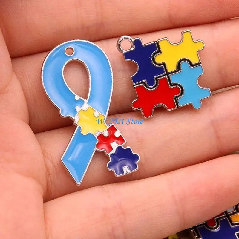 G5GC 8 قطع قلادة للتوعية بالتوحد الشريط شكل قلب مربع مطلية بالذهب قلادة مع المعلقات المينا شكل اللغز #5