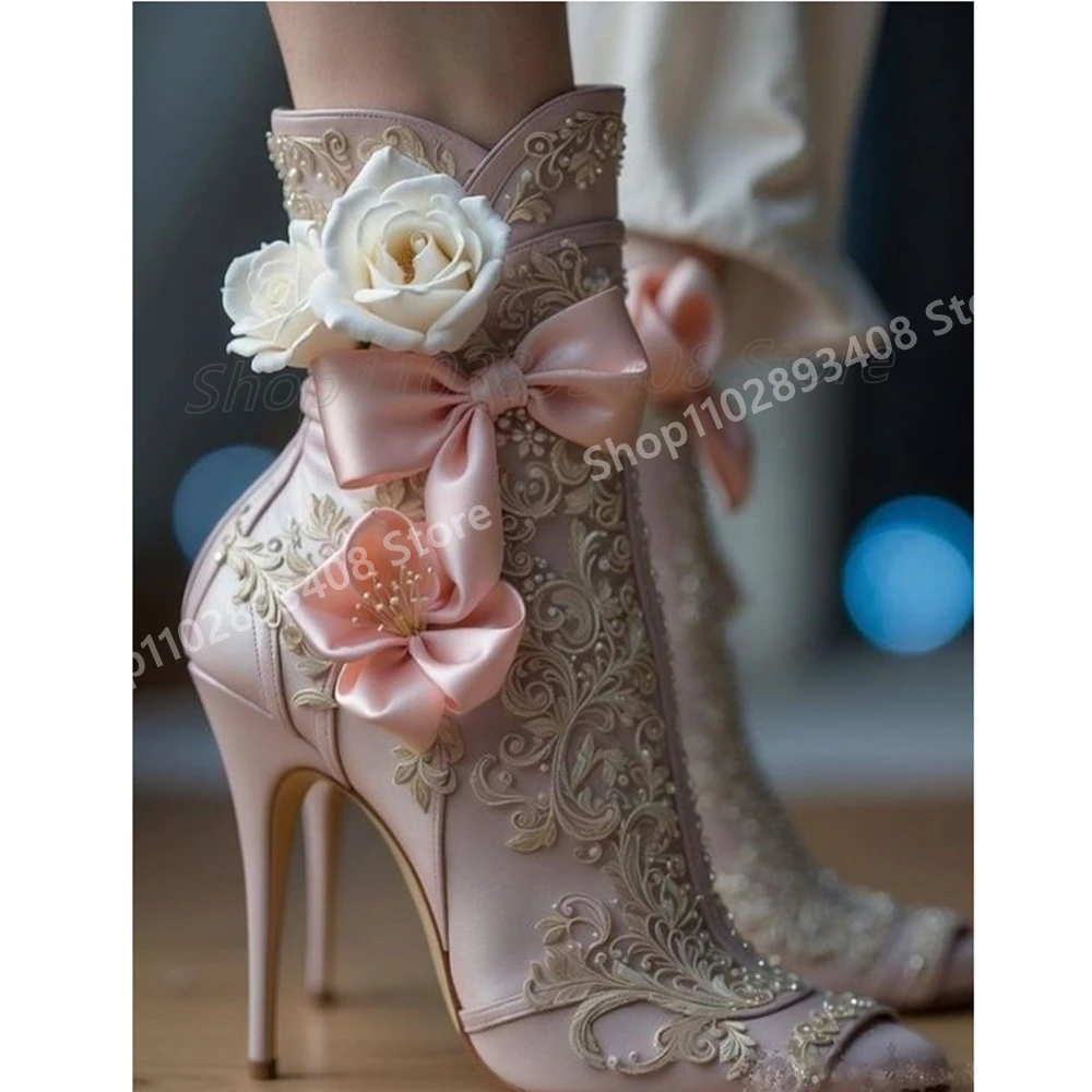 Pink Butterfly Knot Flower Decor Mid Calf Boots Pointy Stiletto High Heel Elegant Fashion Women Shoes 2025 Zapatos Para Mujere