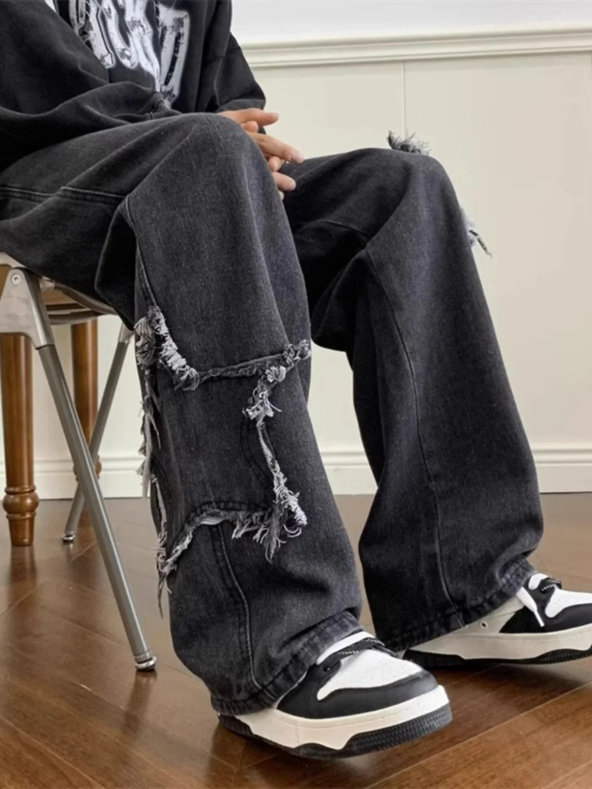 

Джинсы прямого кроя с высокой талией и широкими штанинами High Street Hip Hop Свободные джинсовые брюки с нашивкой в виде пятиконечной звезды Большой размер 300 Pou